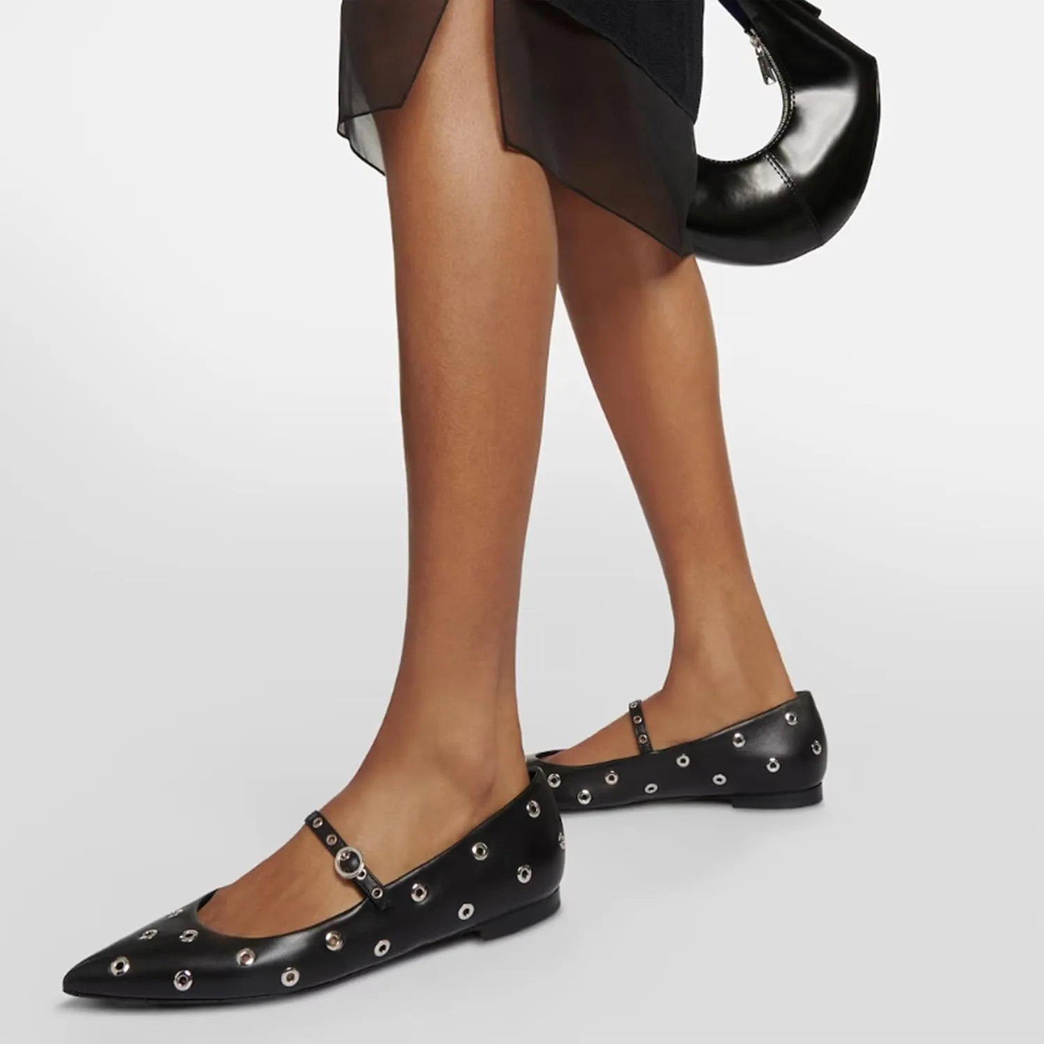 Women Studded Ballet Flats Perforated Mary Jane Flats Pointed Toe Black Ballerina Shoes