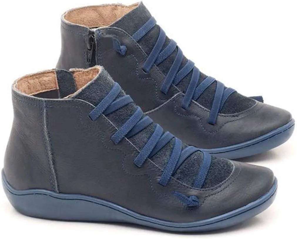 Women's Ankle Boot Flat Heel Lace Up Side Zip Ankle Booties Vintage Retro Round Toe Short Boots Casual Walking Shoes