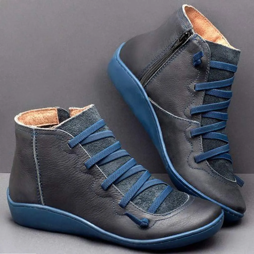 Women's Ankle Boot Flat Heel Lace Up Side Zip Ankle Booties Vintage Retro Round Toe Short Boots Casual Walking Shoes