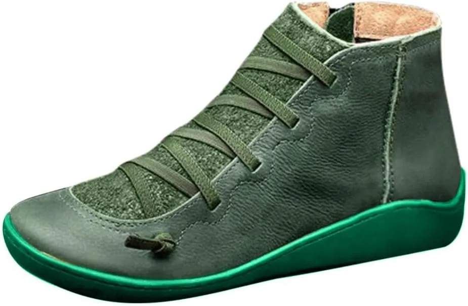 Women's Ankle Boot Flat Heel Lace Up Side Zip Ankle Booties Vintage Retro Round Toe Short Boots Casual Walking Shoes