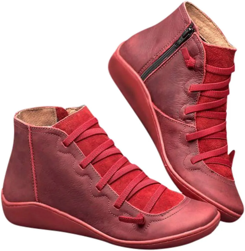 Women's Ankle Boot Flat Heel Lace Up Side Zip Ankle Booties Vintage Retro Round Toe Short Boots Casual Walking Shoes