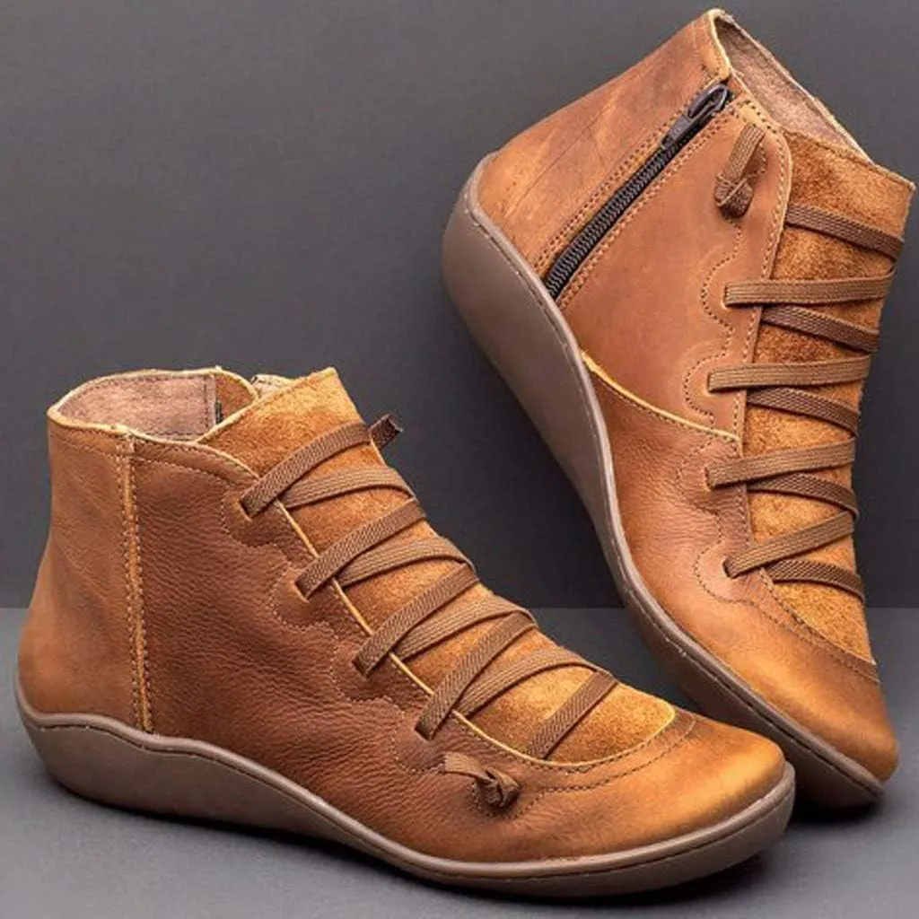 Women's Ankle Boot Flat Heel Lace Up Side Zip Ankle Booties Vintage Retro Round Toe Short Boots Casual Walking Shoes