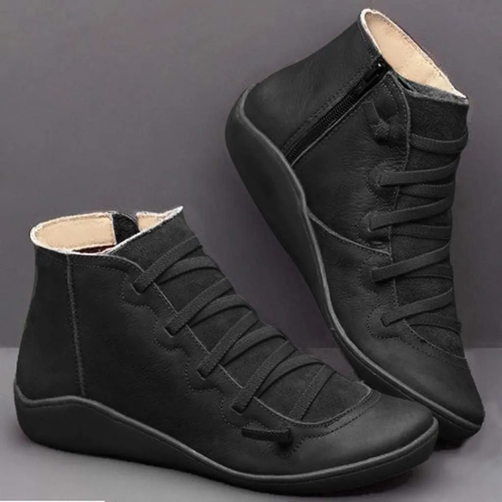 Women's Ankle Boot Flat Heel Lace Up Side Zip Ankle Booties Vintage Retro Round Toe Short Boots Casual Walking Shoes