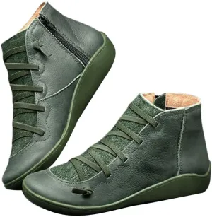 Women's Ankle Boot Flat Heel Lace Up Side Zip Ankle Booties Vintage Retro Round Toe Short Boots Casual Walking Shoes
