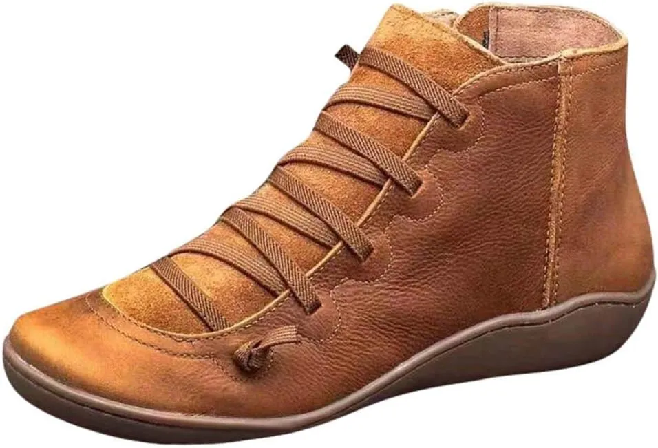 Women's Ankle Boot Flat Heel Lace Up Side Zip Ankle Booties Vintage Retro Round Toe Short Boots Casual Walking Shoes
