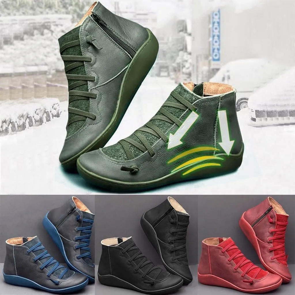 Women's Ankle Boot Flat Heel Lace Up Side Zip Ankle Booties Vintage Retro Round Toe Short Boots Casual Walking Shoes
