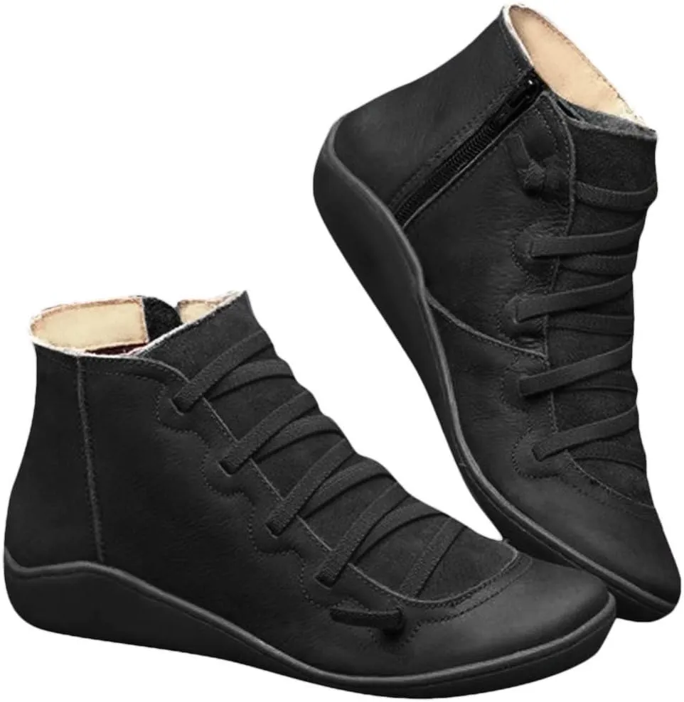 Women's Ankle Boot Flat Heel Lace Up Side Zip Ankle Booties Vintage Retro Round Toe Short Boots Casual Walking Shoes