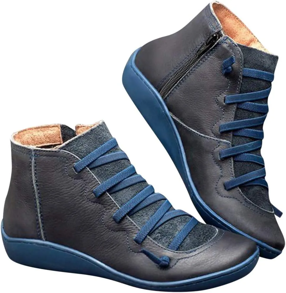 Women's Ankle Boot Flat Heel Lace Up Side Zip Ankle Booties Vintage Retro Round Toe Short Boots Casual Walking Shoes