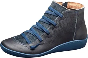 Women's Ankle Boot Flat Heel Lace Up Side Zip Ankle Booties Vintage Retro Round Toe Short Boots Casual Walking Shoes