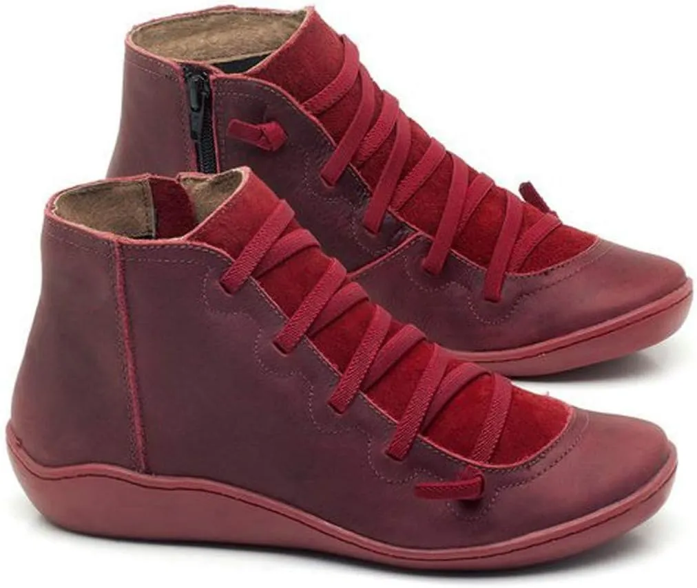 Women's Ankle Boot Flat Heel Lace Up Side Zip Ankle Booties Vintage Retro Round Toe Short Boots Casual Walking Shoes