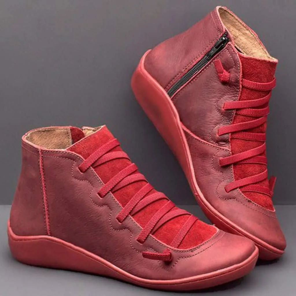 Women's Ankle Boot Flat Heel Lace Up Side Zip Ankle Booties Vintage Retro Round Toe Short Boots Casual Walking Shoes