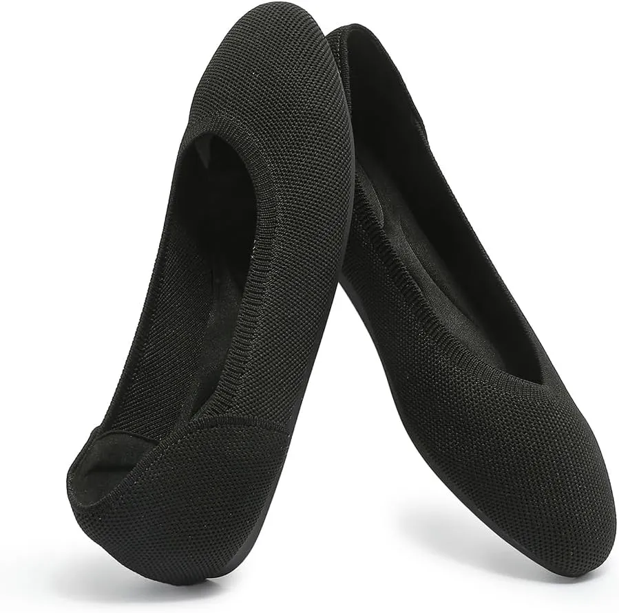 Women's Ballet Flat Knit Round Toe Slip On Walking Comfort Flexible Soft Shoes for Woman Low Wedge