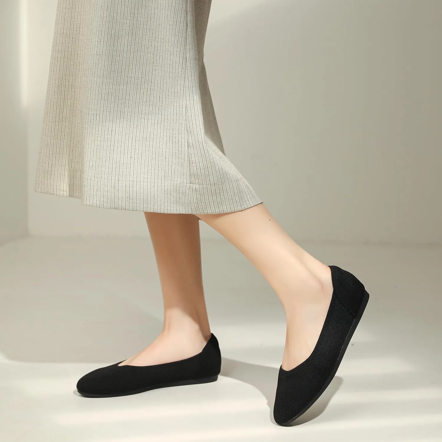 Women's Ballet Flat Knit Round Toe Slip On Walking Comfort Flexible Soft Shoes for Woman Low Wedge