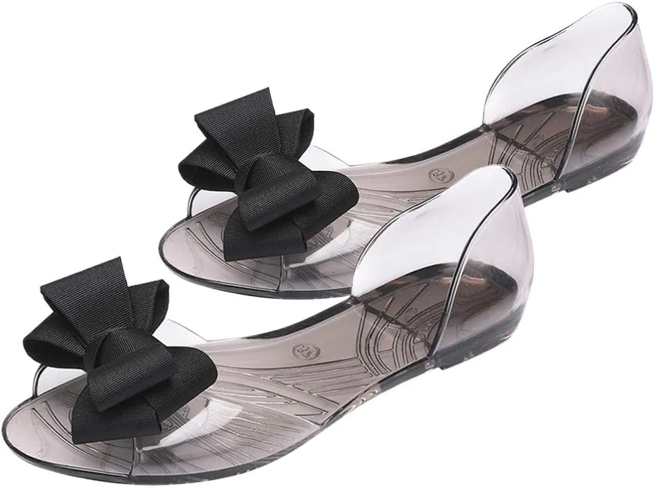 Women's Flat Sandals Flat Jelly Shoes Fashion Fish Mouth Sandal Bowknot Sandals Summer Beach Shoes for Women (Black 39 Yards 7. 5US, 5UK 38. 5EU, 9. 6285Inch) Clear Sandals