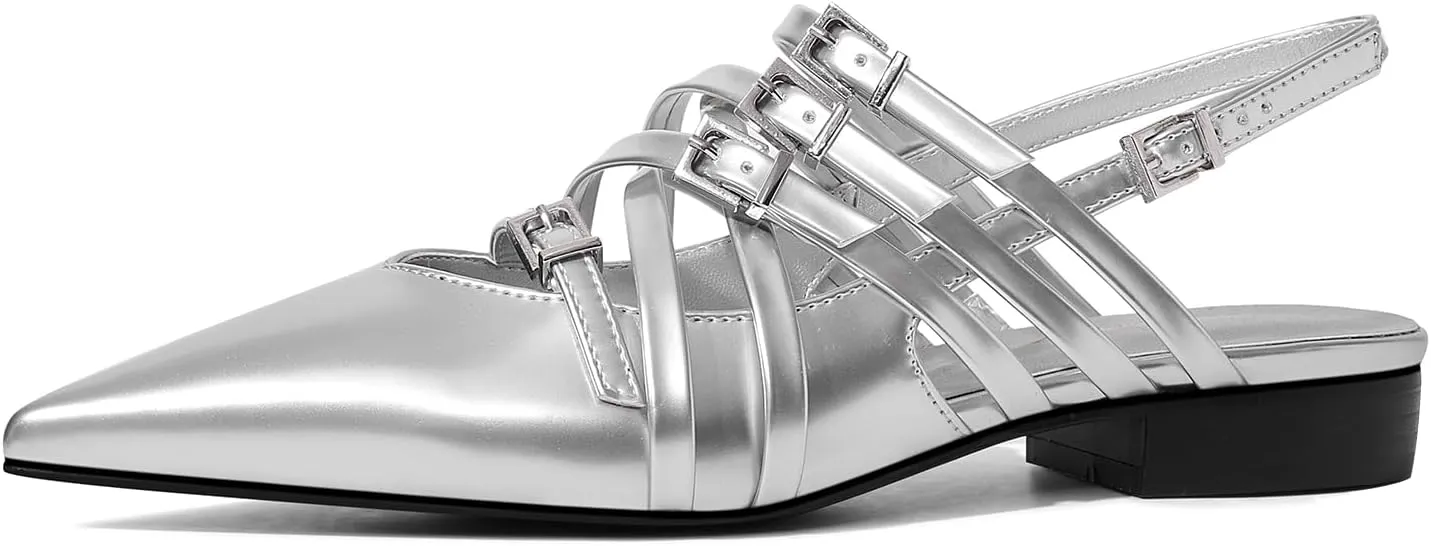 Women's Flats Ballet Ballerina Pointed Toe Slingback Flats with Strap Low Heel Fashion Buckle Dress Work Casual Shoes for Women