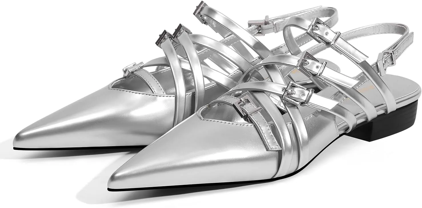 Women's Flats Ballet Ballerina Pointed Toe Slingback Flats with Strap Low Heel Fashion Buckle Dress Work Casual Shoes for Women