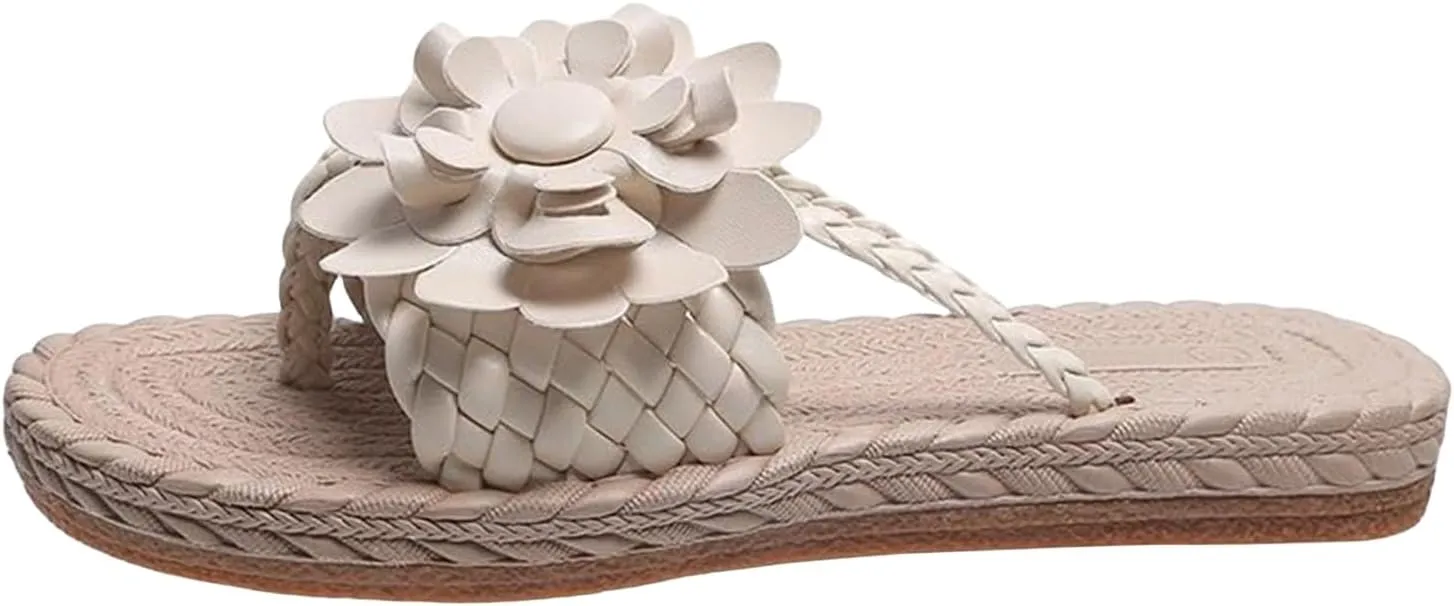 Womens Floral Trendy Flat Sandals Fashion Braided Comfortable Slip on Flip Flops Boho Slide Outdoor Beach Casual Slippers Elegant Walking Breathable Shoes
