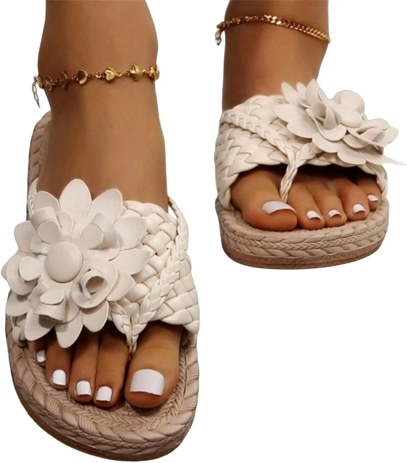 Womens Floral Trendy Flat Sandals Fashion Braided Comfortable Slip on Flip Flops Boho Slide Outdoor Beach Casual Slippers Elegant Walking Breathable Shoes