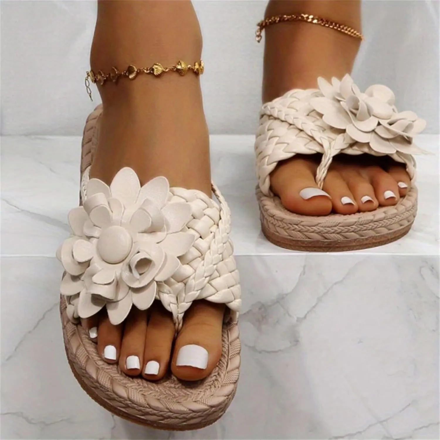 Womens Floral Trendy Flat Sandals Fashion Braided Comfortable Slip on Flip Flops Boho Slide Outdoor Beach Casual Slippers Elegant Walking Breathable Shoes