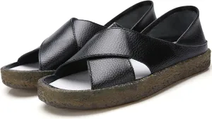 Womens Genuine Leather Beef Tendon Flat Open Toe Sandals,Summer Casual Comfort Memory Insole Slip-on with Arch Support Soft Flats Walking Sandal Loafer