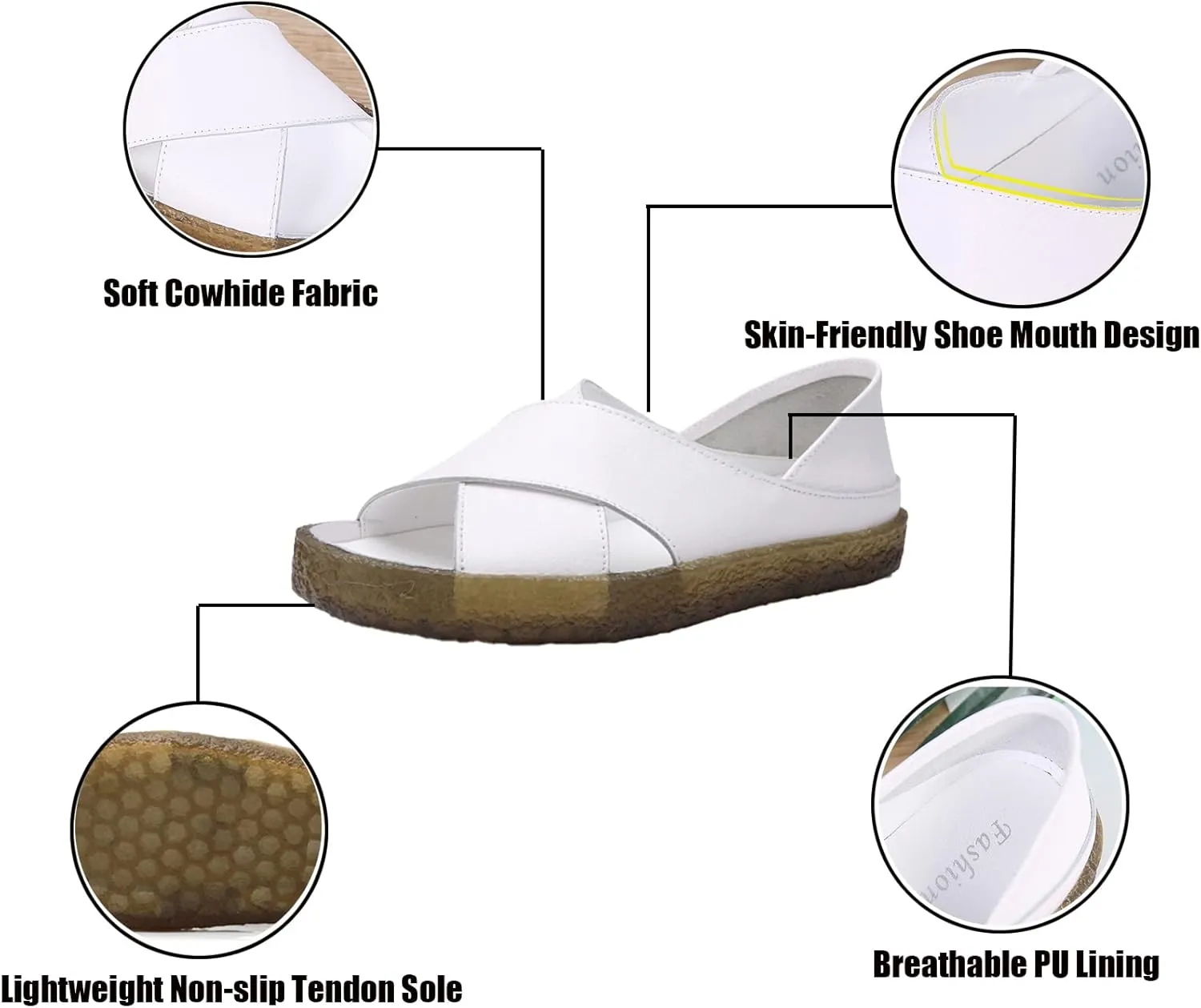 Womens Genuine Leather Beef Tendon Flat Open Toe Sandals,Summer Casual Comfort Memory Insole Slip-on with Arch Support Soft Flats Walking Sandal Loafer
