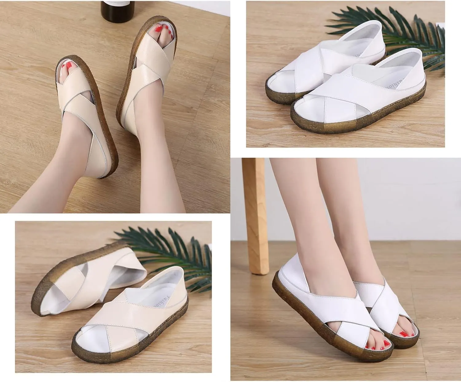 Womens Genuine Leather Beef Tendon Flat Open Toe Sandals,Summer Casual Comfort Memory Insole Slip-on with Arch Support Soft Flats Walking Sandal Loafer