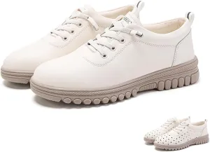 Women's Leather Hollow Lace Up Flat Fashion Sneakers Comfortable Round-Toe Slip On Casual Shoes Lightweight Breathable Outdoor Travel Walking Shoes