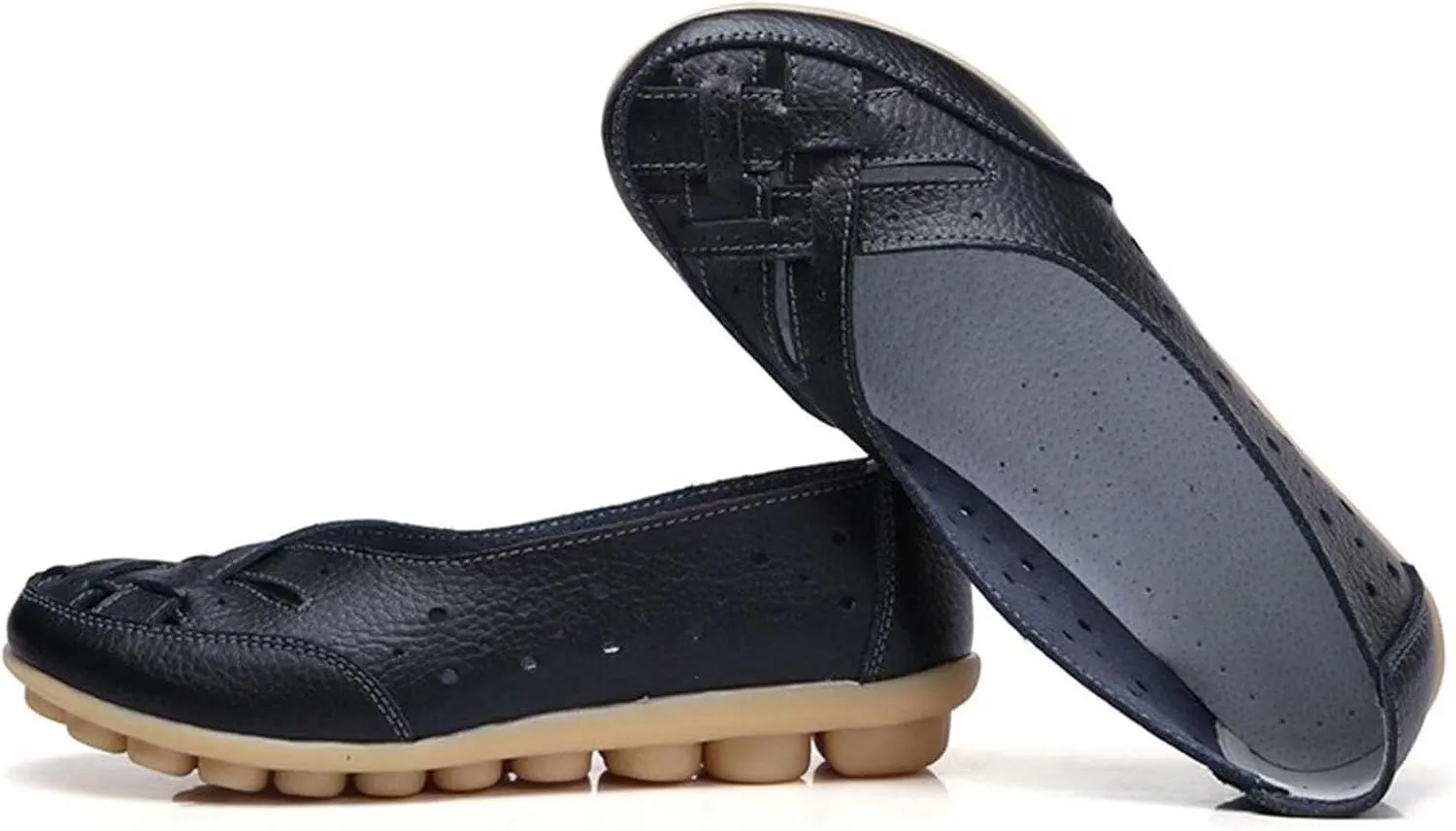 Womens Leather Loafers Hollow Out Breathable Soft Flats Slip on Casual Sandals Lightweight Round Toe Fashion Summer Sandals Comfortable Driving Walking Shoes