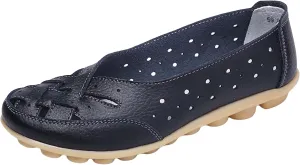 Womens Leather Loafers Hollow Out Breathable Soft Flats Slip on Casual Sandals Lightweight Round Toe Fashion Summer Sandals Comfortable Driving Walking Shoes
