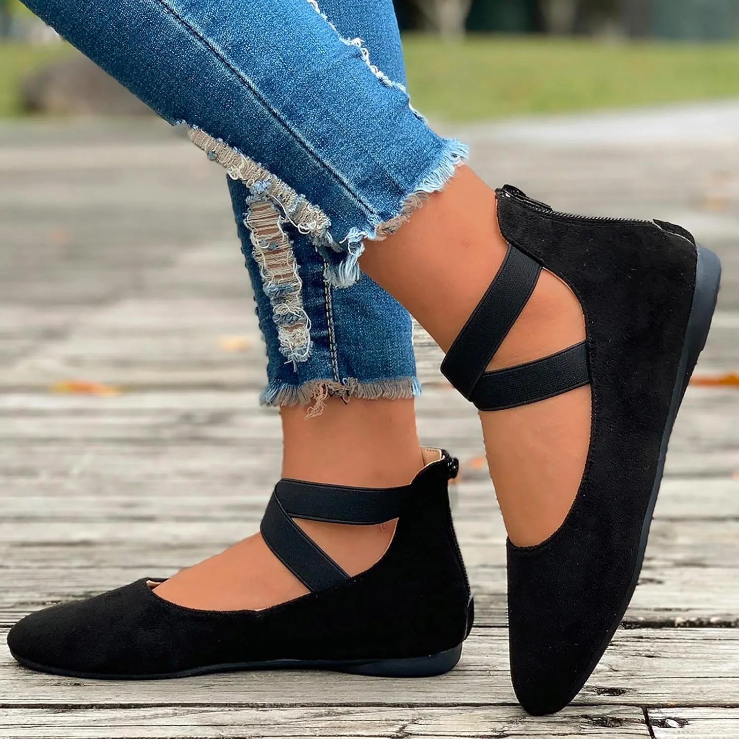 Women's Loafer Flat Women's Comfortable Ballet Flat Shoes with Ankle and Elastic Straps Lightweight Slip On Evening