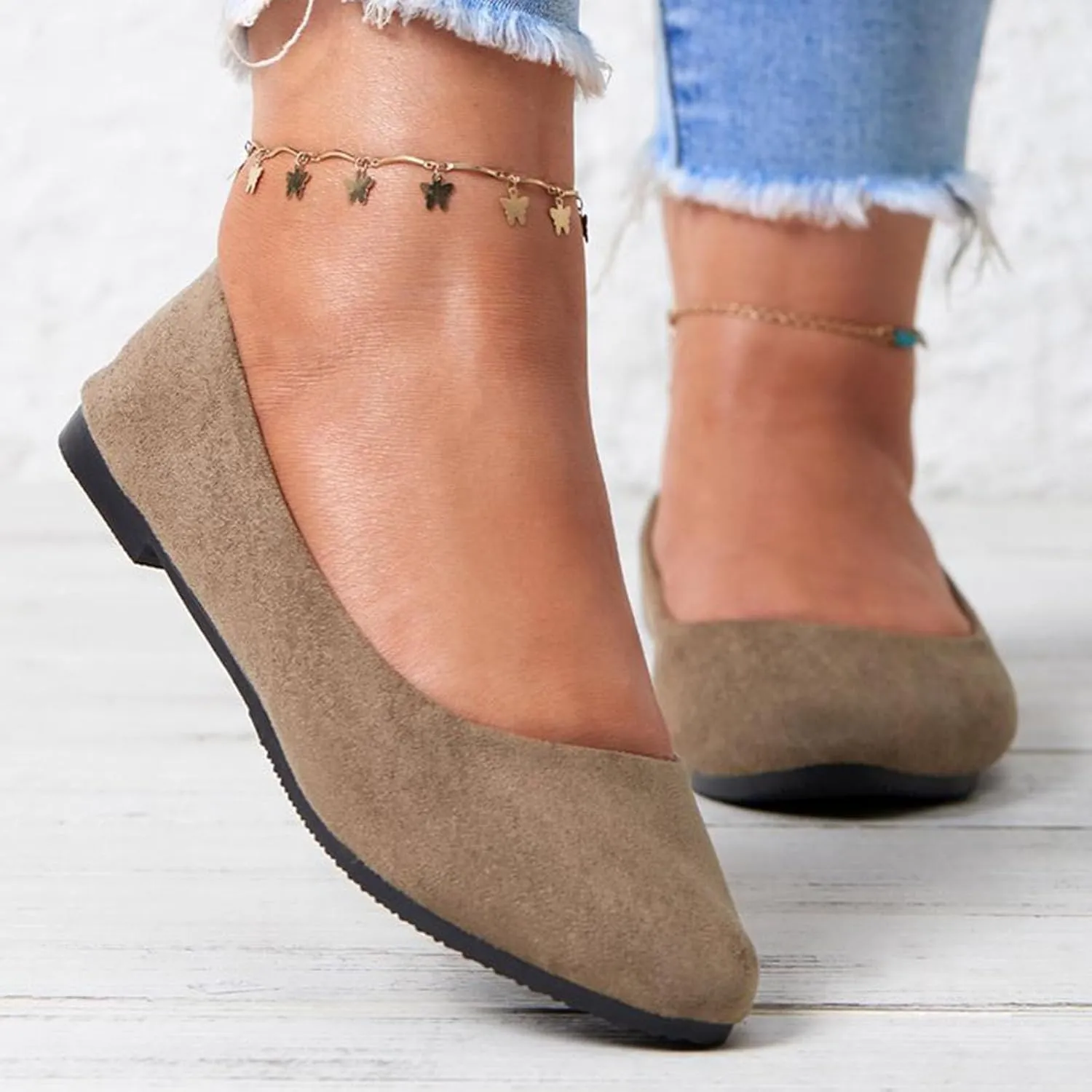 Women's Low Wedge Ballet Shoe Round Toe Suede Slip on Flats Soft-soled Solid Comfy Sandals Ballerina Shoes for Summer