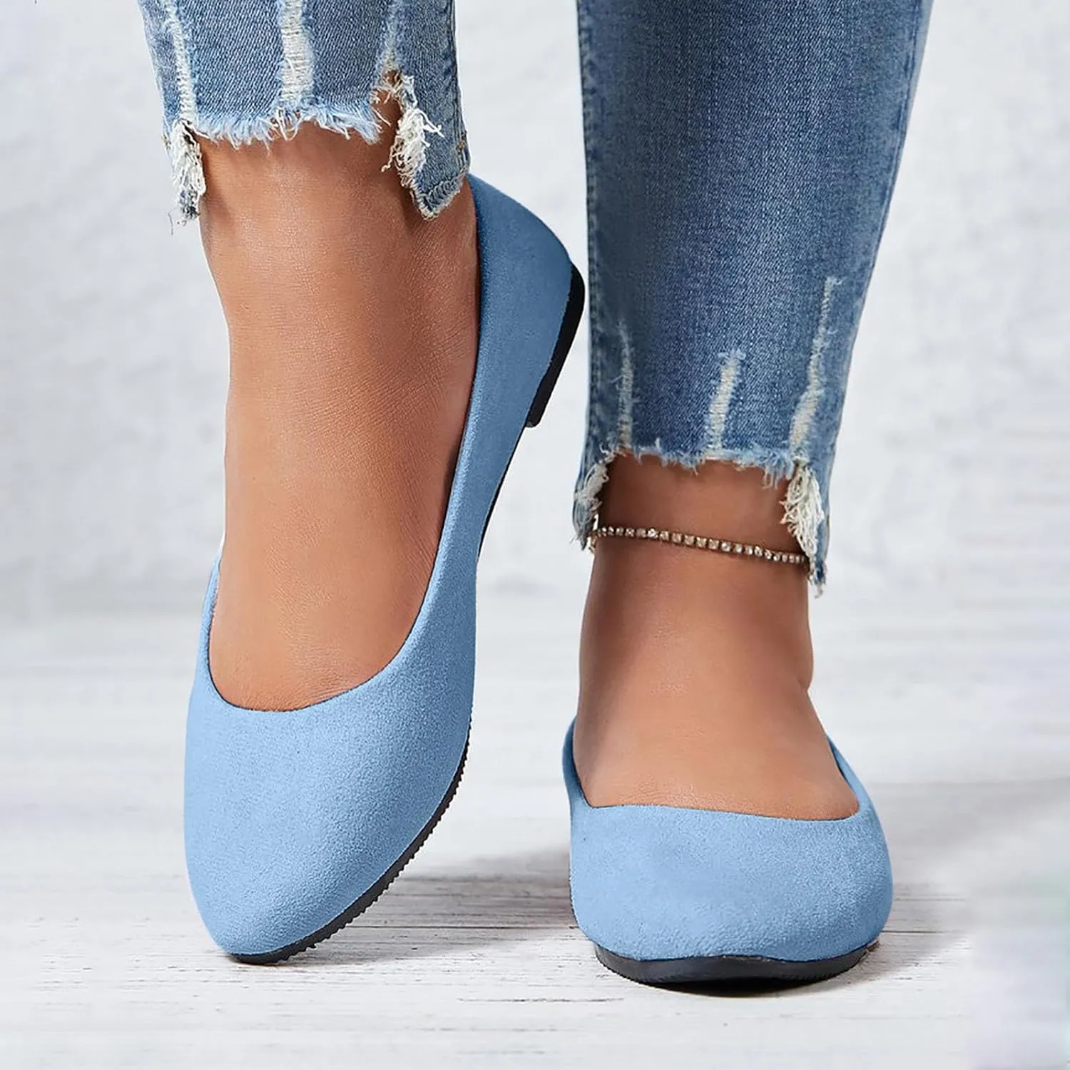 Women's Low Wedge Ballet Shoe Round Toe Suede Slip on Flats Soft-soled Solid Comfy Sandals Ballerina Shoes for Summer