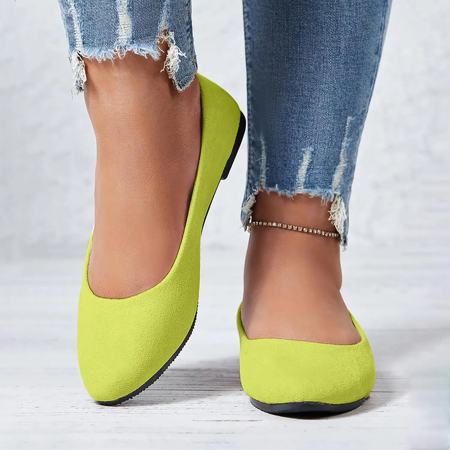 Women's Low Wedge Ballet Shoe Round Toe Suede Slip on Flats Soft-soled Solid Comfy Sandals Ballerina Shoes for Summer
