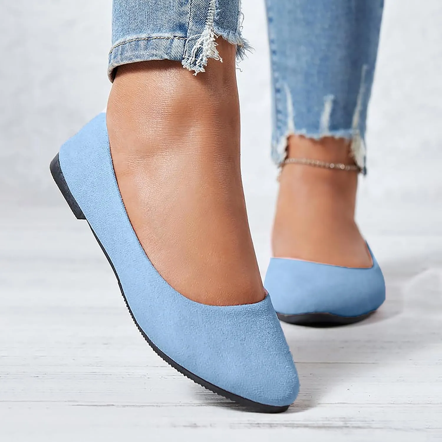 Women's Low Wedge Ballet Shoe Round Toe Suede Slip on Flats Soft-soled Solid Comfy Sandals Ballerina Shoes for Summer