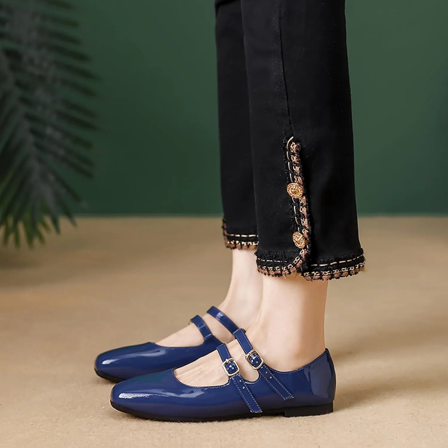 Women's Patent Leather Flat Mary Jane Shoes Elegant Square Toe Two Ankle Strap Ballet Flats for Walking Work Dressy & Casual
