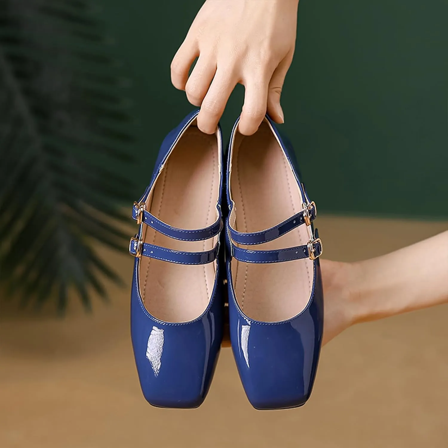 Women's Patent Leather Flat Mary Jane Shoes Elegant Square Toe Two Ankle Strap Ballet Flats for Walking Work Dressy & Casual