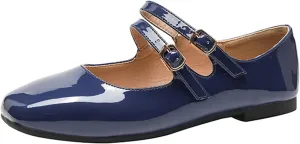 Women's Patent Leather Flat Mary Jane Shoes Elegant Square Toe Two Ankle Strap Ballet Flats for Walking Work Dressy & Casual