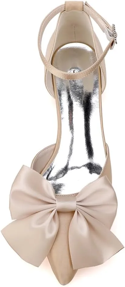 Women's Pointed Toe Flats Ankle Strap Ballet Flats with Bow Flat Bridal Shoes Evening Dress Pumps