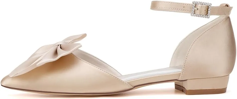 Women's Pointed Toe Flats Ankle Strap Ballet Flats with Bow Flat Bridal Shoes Evening Dress Pumps