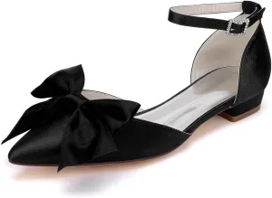 Women's Pointed Toe Flats Ankle Strap Ballet Flats with Bow Flat Bridal Shoes Evening Dress Pumps