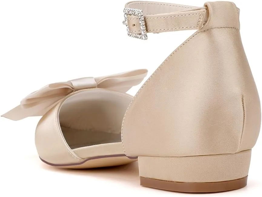 Women's Pointed Toe Flats Ankle Strap Ballet Flats with Bow Flat Bridal Shoes Evening Dress Pumps