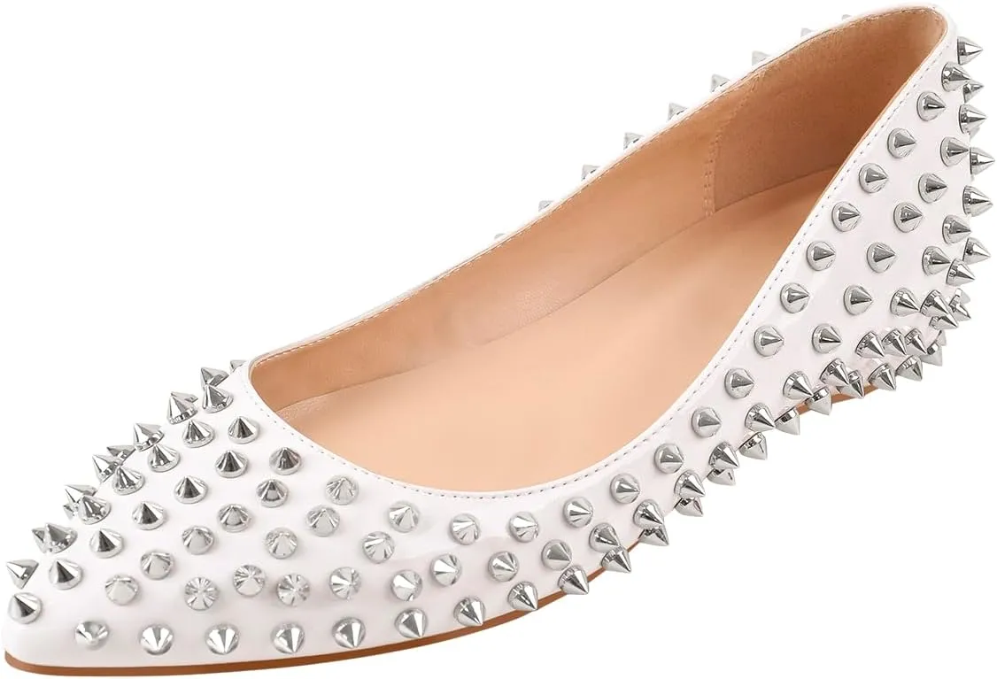 Women's Rivet Pointed Toe Slip on Flats Shoes,Fashion Studded Leather Comfortable Office