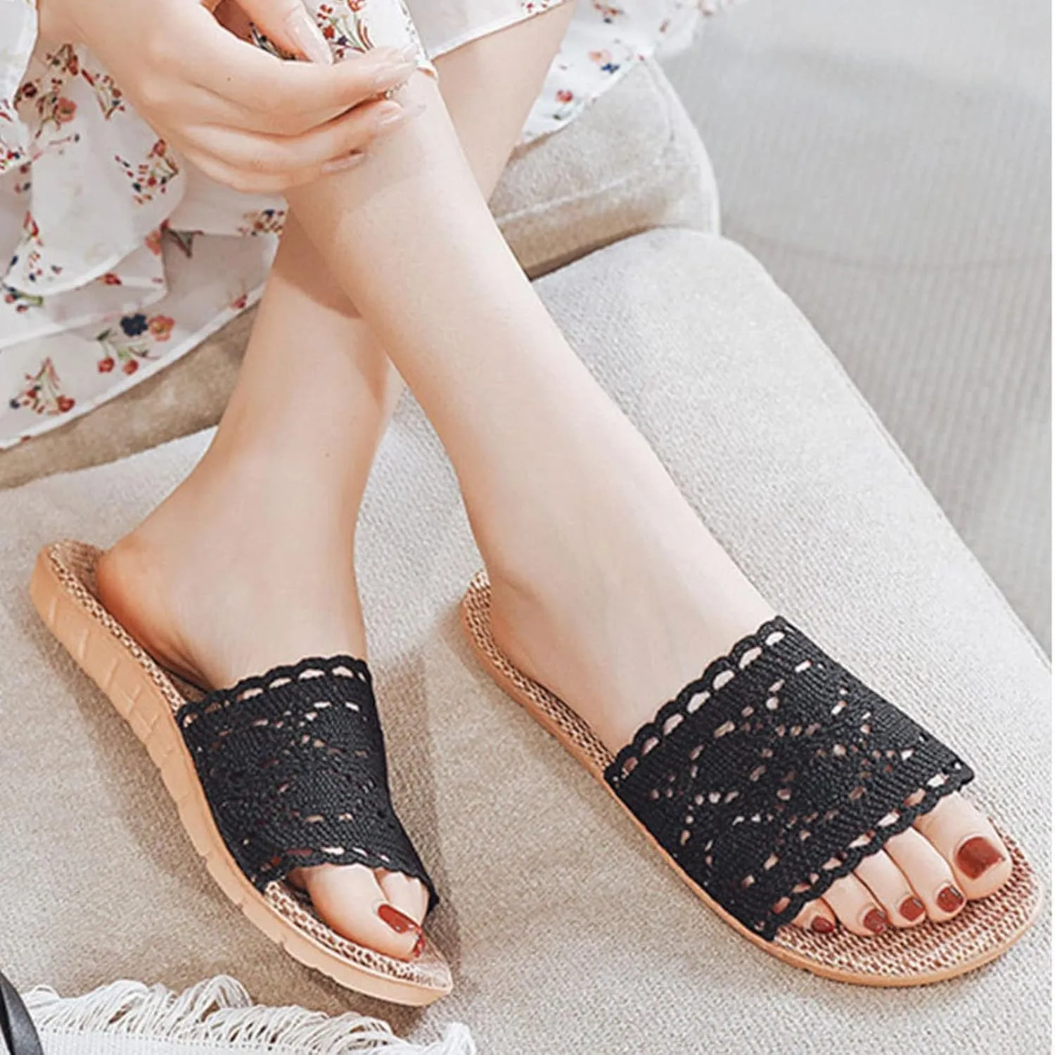 Womens Slide Sandals Size 12 Hollow Lace Slippers Rubber Flat Heel Flat Sole Foldable Slippers for Women with