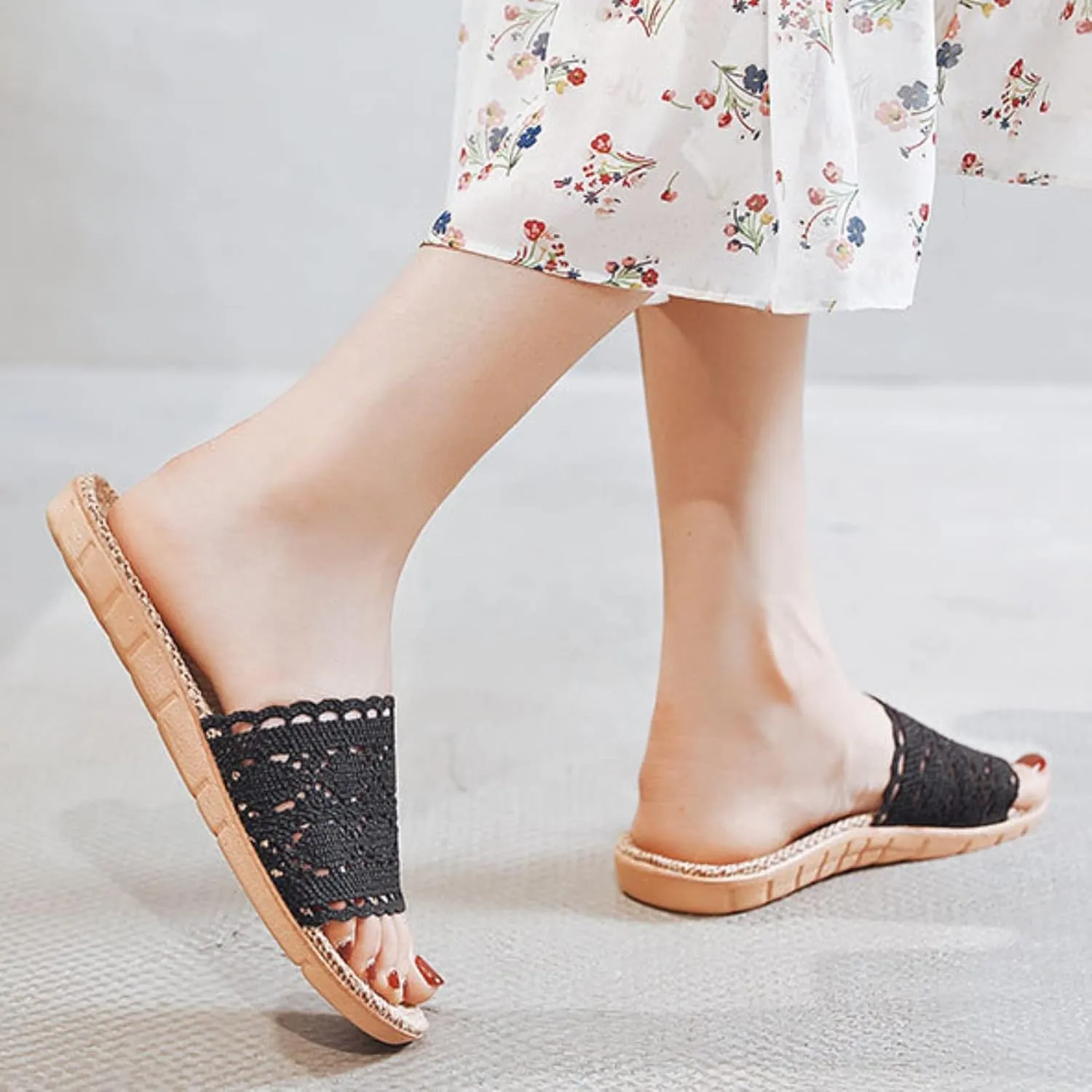 Womens Slide Sandals Size 12 Hollow Lace Slippers Rubber Flat Heel Flat Sole Foldable Slippers for Women with