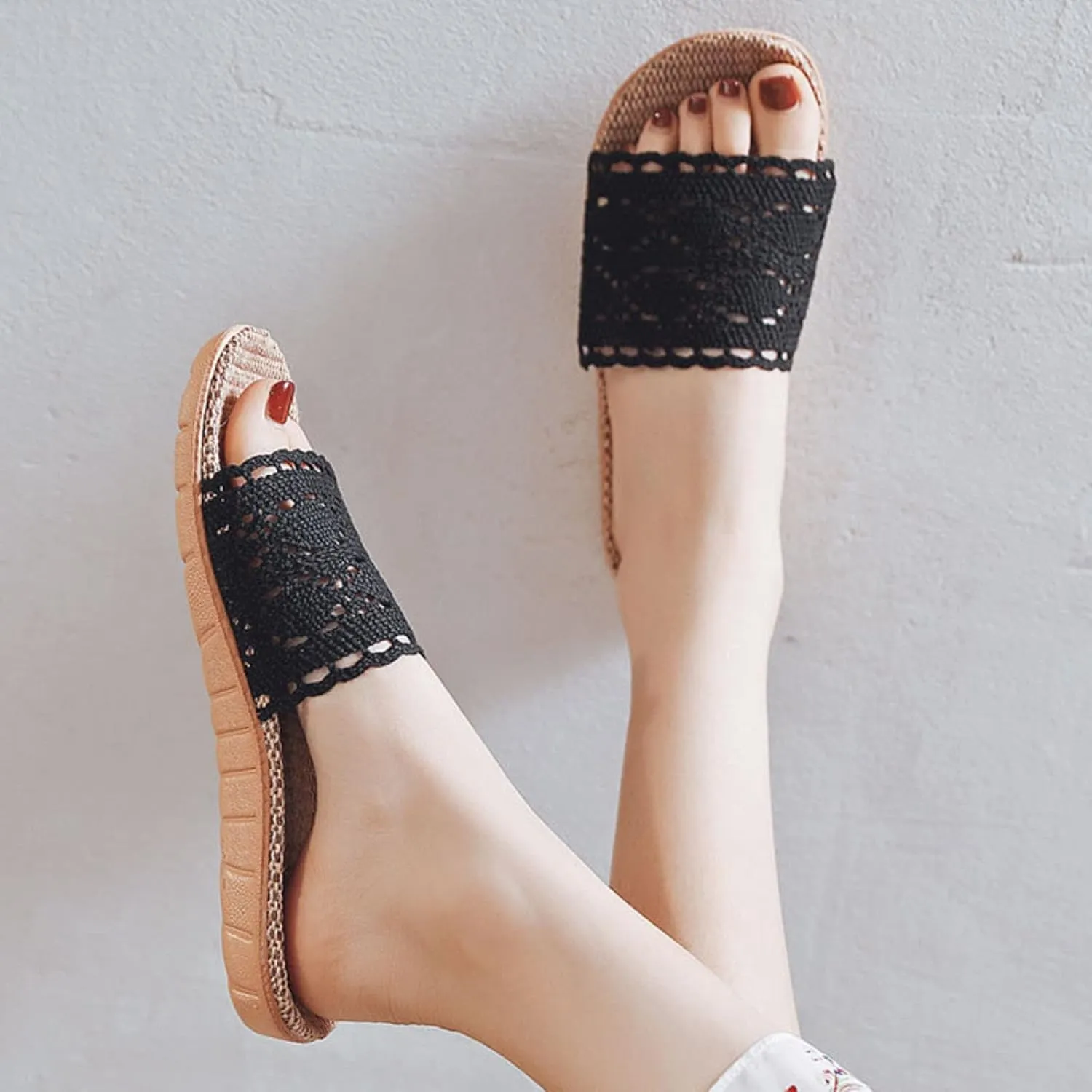 Womens Slide Sandals Size 12 Hollow Lace Slippers Rubber Flat Heel Flat Sole Foldable Slippers for Women with