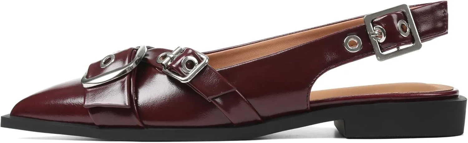 Women's Slingback Flats Closed Pointed Toe Low Heel Dress Flat Shoes Buckle Pathent Leather Ballet Flats for Women 2025 Comfrotable Work