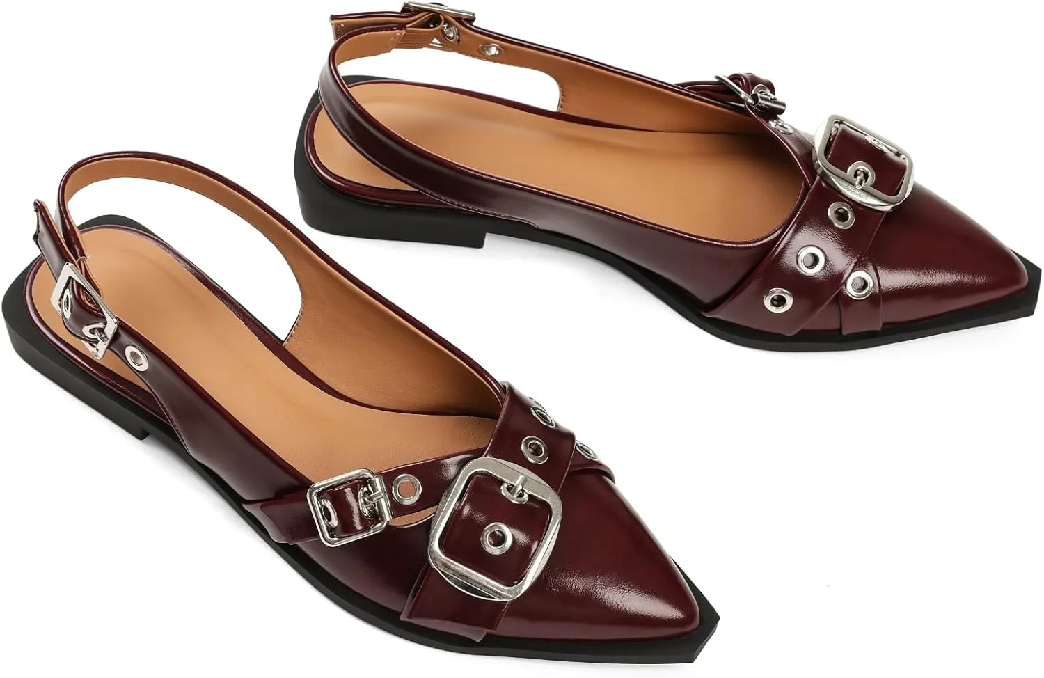 Women's Slingback Flats Closed Pointed Toe Low Heel Dress Flat Shoes Buckle Pathent Leather Ballet Flats for Women 2025 Comfrotable Work
