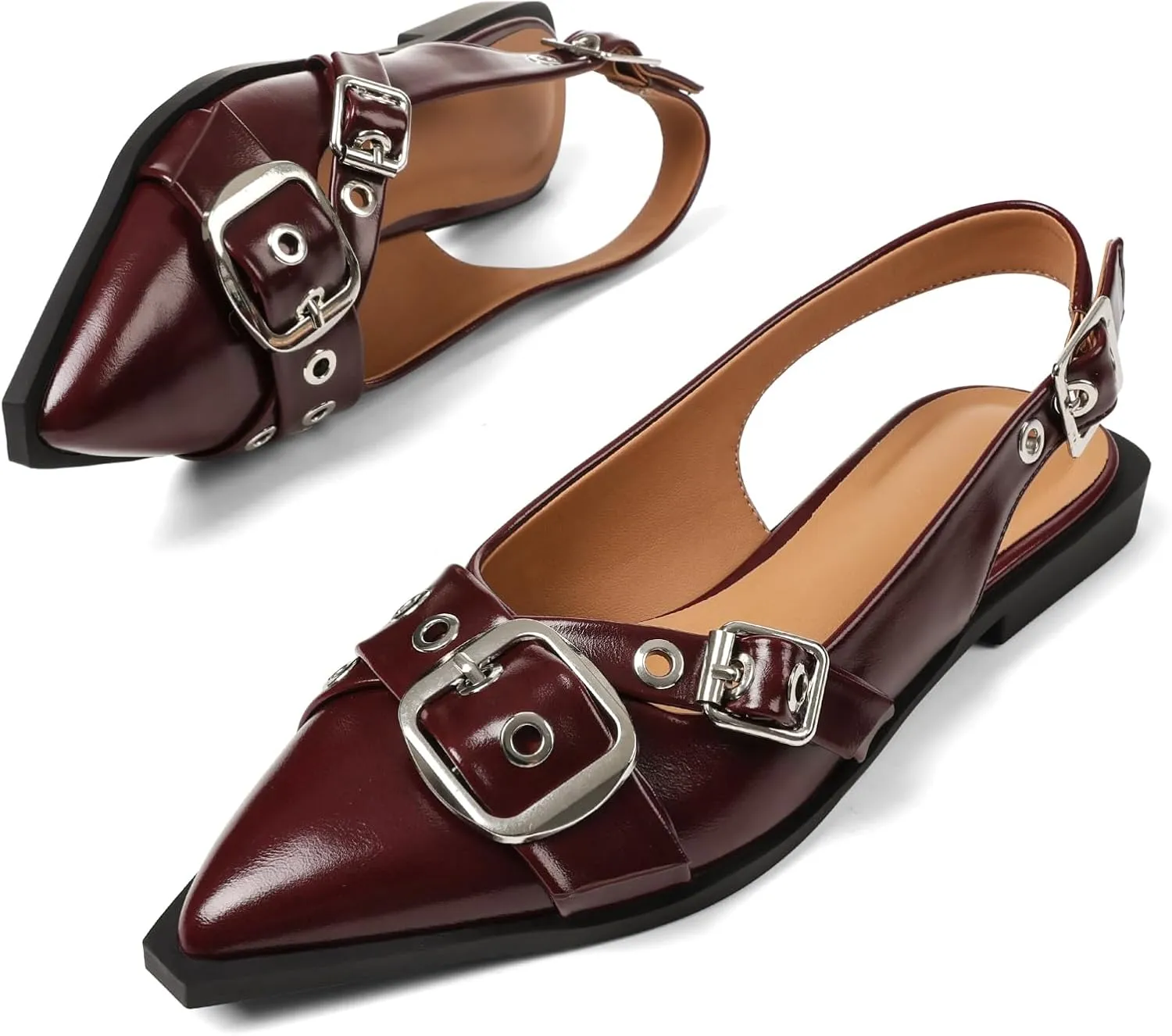 Women's Slingback Flats Closed Pointed Toe Low Heel Dress Flat Shoes Buckle Pathent Leather Ballet Flats for Women 2025 Comfrotable Work