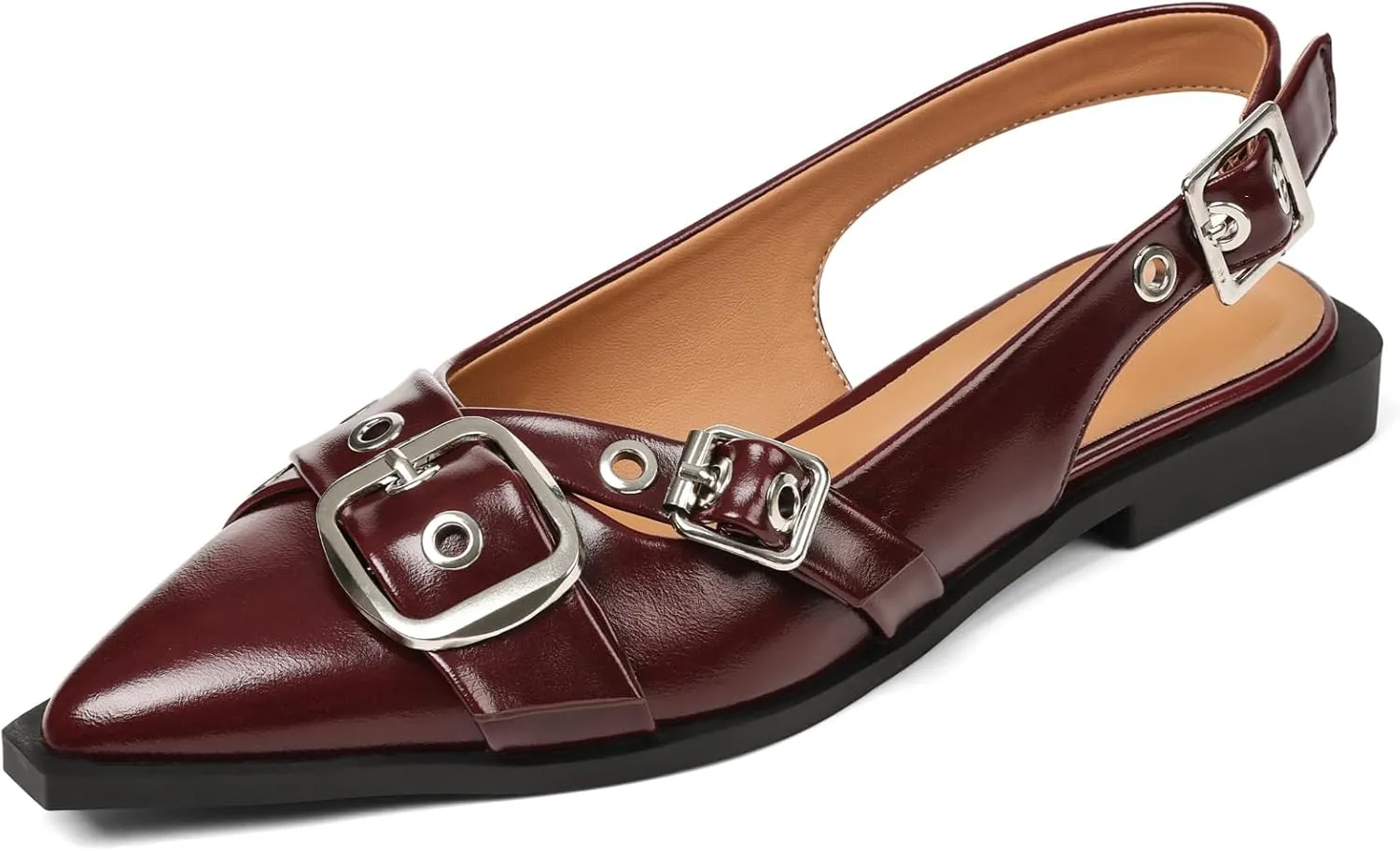 Women's Slingback Flats Closed Pointed Toe Low Heel Dress Flat Shoes Buckle Pathent Leather Ballet Flats for Women 2025 Comfrotable Work