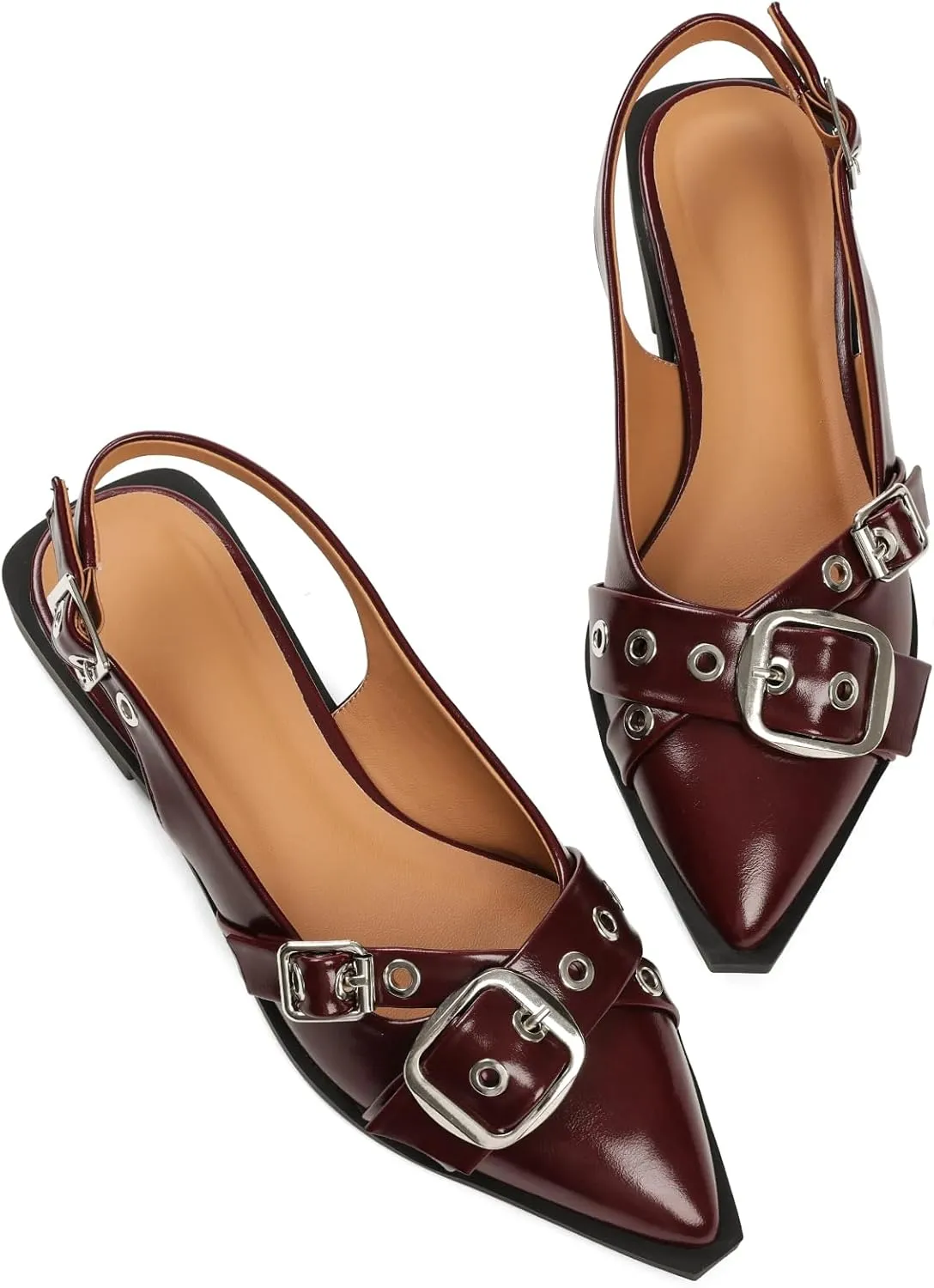 Women's Slingback Flats Closed Pointed Toe Low Heel Dress Flat Shoes Buckle Pathent Leather Ballet Flats for Women 2025 Comfrotable Work